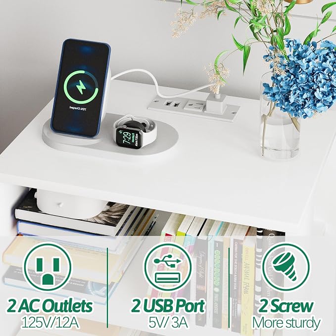 Aenuert Night Stand with Charging Station, White Nightstand with Drawer, 3-Tier Wooden Bedside Table with USB Ports and Outlets, End Table for Small Space, Living Room, Bedroom
