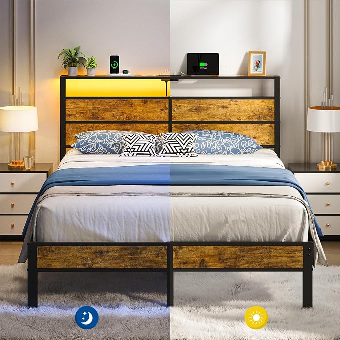 Liians Queen Size Bed Frame, Queen Bed with Charging Station Headboard and LED Lights, Platform Bed with Metal Slats, No Box Spring Needed