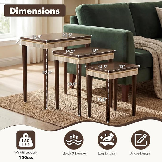 Hyfirm Walnut Side Table End Table Nesting Tables Set of 3, Retro Nesting Tables with Veneered Top & Gold Trim, Mid Century Modern Nesting Wood Coffee Tables for Living Room/Bedroom/Apartment