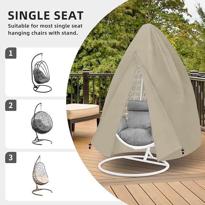 Easy-Going Patio Hanging Egg Chair Cover, UV Resistant Waterproof Outdoor Single Seat Swing Chair Cover with Zipper, Camel