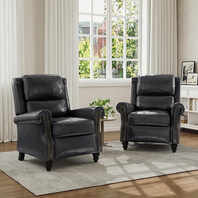 Faux Leather Recliner Chair, Modern Pushback Armchair with Adjustable Backrest & Footrest for Bedroom, Living Room (Black,Set of 1)