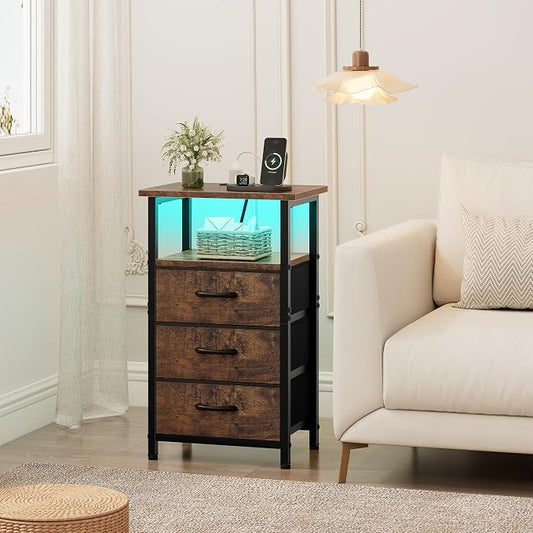 Vagusicc Night Stand with Charging Station, LED Nightstand for Bedroom, Bedside Table with 3 Fabric Drawers, End Table Side Table with USB Ports and Outlets, Bed Side Table for Bedroom, Rustic Brown