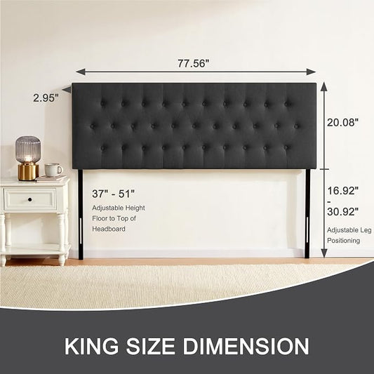 Tufted Upholstered Headboard King Size, Adjustable Height 37- 51 in, Black | Sturdy and Durable Solid Wood Bed Headboard, Fabric King Headboard Only, Modern Button Diamond Design Head Board