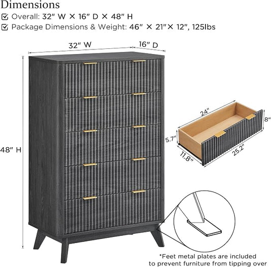 T4TREAM Fluted 5 Drawers Dresser, 48" Tall Modern Chest of Drawers, Curved Profile Design, Wood Drawer Organizer for Bedroom, Living Room, Hallway, Entryway, Dark Alder