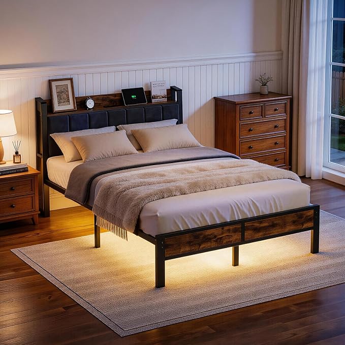 Liians Full Size LED Bed Frame with Charging Station and Storage Headboard, Metal Platform Bed, No Box Spring Needed, Easy Assembly, Noise Free