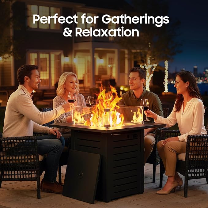 5-Piece Patio Furniture Set with Fire Pit Table & Coffee Table & Removable Washable Cushions, All-Weather Metal Frame and Wood-Like Armrests for Porch, Garden, Balcony,Grey