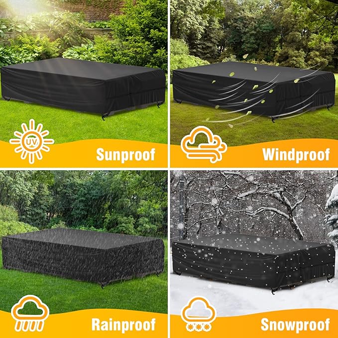 Velway Patio Furniture Cover Waterproof Outdoor Sectional Sofa Set Covers, All Weather Oxford Tear-Resistant Rectangular Table Chair Set Cover with Windproof Design, Large 126x63x28 Inch, Black