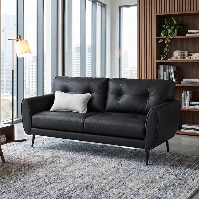 TYBOATLE Sofa Couch 61" Small Loveseat Couches for Living Room, Black Faux Leather Couch Mid Century Modern Tufted Mini Sofa Comfy Office 2 Seat Settee Love Seat Couches for Small Spaces Bedroom
