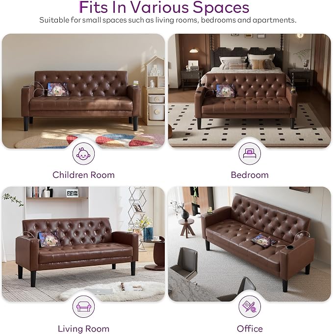 TYBOATLE 62" W Leather Loveseat w/Chairs, 2 Piece Sofa Sets for Living Room w/ 2 USB Charger Ports and 2 Cupholders, Living Room Furniture Sets of 2 (2, Brown)