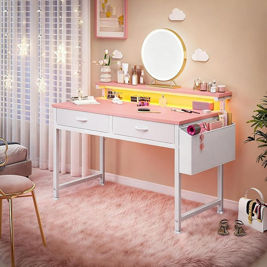 DurayLoly 31Inch Small Computer Desk with LED Lights & 2 Fabric Drawers, Gaming Desk with Side Pocket & Ergonomic Monitor Stand, Small Space Study Writing Table with Anti-Tip Design,Pink