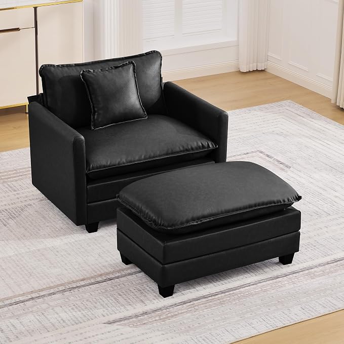 WUTUTUEE 35'' Modern Leather Cloud Sofa Ottoman,Rectangle Ottoman for Modular Sectional Sofa, Leather Black