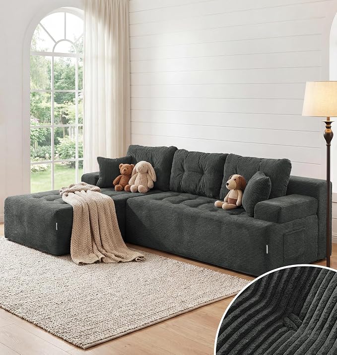 Hobestluk Modular Sectional Sofa Couches L-Shape Couch 3 Seat Modular Sofa Memory Foam Sectional Couches for Living Room, Cloud Couch with Oversized Chaise (Charcoal Corduroy, 96", Left Hand Facing)