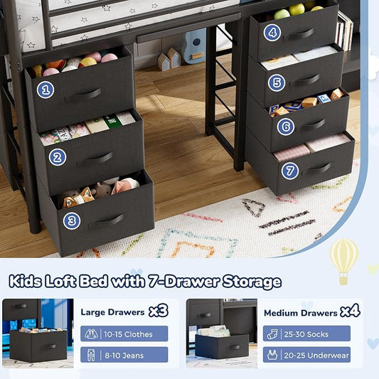 Low Loft Bed Twin Size with 7 Storage Drawers, Desk and LED Lights, Heavy Duty Metal Kids Loft Bed with 13.8" H Safety Guardrail, Anti-Collision Pad, Private Play Curtain, Under-Bed Play Space - Black