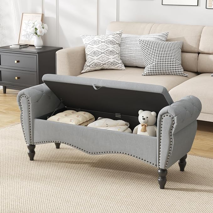 Furniliving 51.75" Storage Ottoman Bench for Living Room, Modern Bedroom Benches with Rolled Arm Upholstered End of Bed Bench Shoe Storage Indoor Bench with Wood Legs Entryway Bench, Grey, Linen