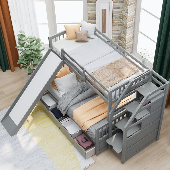 RUNNA Twin Over Full Bunk Bed with Slide,Storage Drawers,Play House,Grey | Twin over full bunk bed with slide,storage,ladder,play house design,solid wood frame,guardrails,no box spring needed,grey