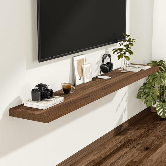 Vivelove Rustic Floating Shelves for Wall 12 Inch Deep, 55" X 12" X 1.5" Floating Shelf, 2 Inch Thick Shelf for Living Room Bathroom Bedroom Kitchen Office, Rustic Farmhouse Decor Set of 2, Walnut