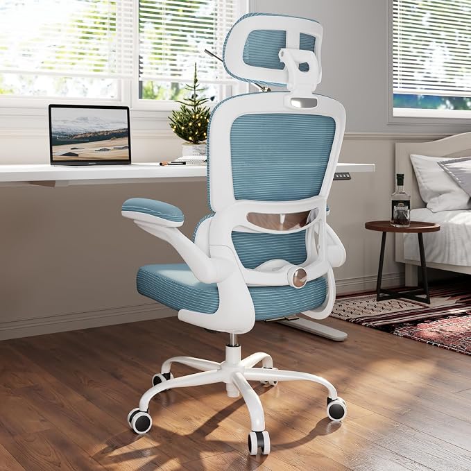 TRALT Ergonomic Office Chair - Desk Chair with Adjustable Headrest Lumbar Support Computer Chair - Mesh Comfy Chair with Flip-up Armrests - Gaming Chairs for Adults Home Office (PU Leather, Blue)
