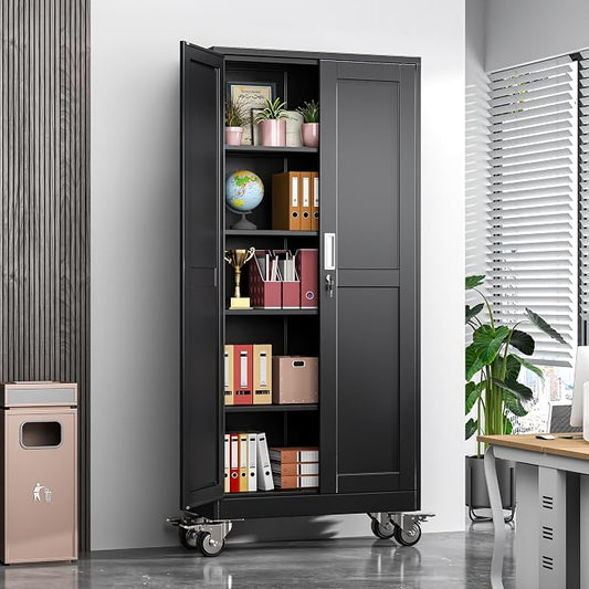 Metal Garage Storage Cabinet, 71”Tall Rolling Utility Cabinet Black | storage system with Wheels, Lock, 4 Adjustable Shelves, Heavy Duty Steel Tool Locker for Home Office, Utility Room, Gym