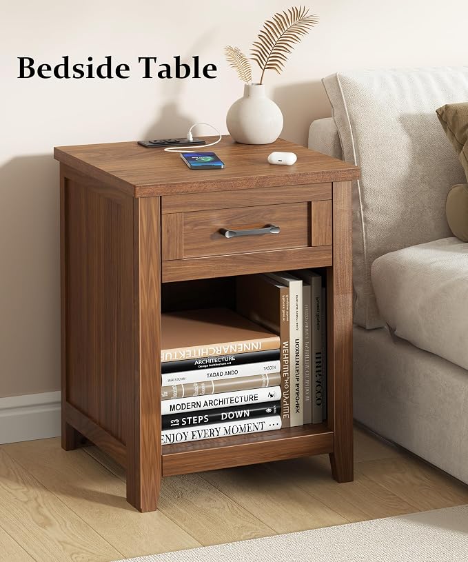 Decofy Farmhouse Nightstand with Charging Station & Large Storage, Set of 2 Modern End Tables with Outlets, USB Ports and Type-C Ports, Easy Assembly for Bedroom (Walnut)