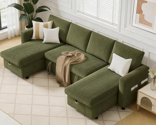 WEUP 106" U Shaped Sectional Sleeper Sofa Bed with Pull Out Bed, Sectional Sleeper Couch Pull Out Couch with Reclining Backrest/Reversible Storage Chaise/USB Ports/Tool-Free Assembly, Corduroy Green
