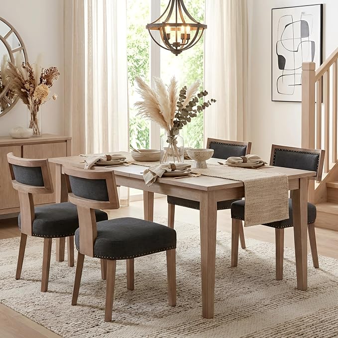 HNY Mid Century Modern Dining Chairs Set of 4, Farmhouse Linen Fabric Upholstered Accent Chairs Curved Nailhead Trim Backrest Kitchen Chairs, with Hardwood Frame, Charcoal