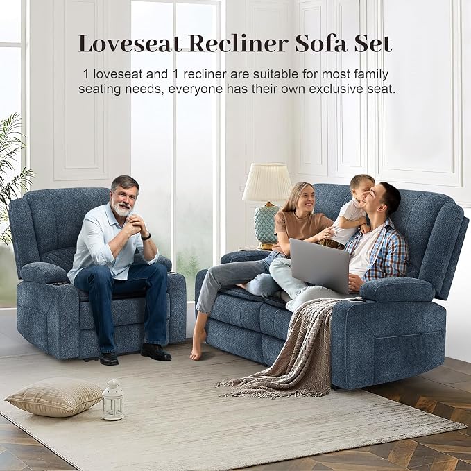 Yolsali Fabric Loveseat Recliner Sofa Set with 2-Tier Cushion, 2+1 Pieces in Living Room, 2 Seater Reclining Loveseat with Removable Console, 1 Oversize Recliner Chair Sofa Seat - Blue