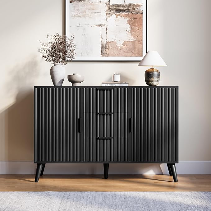 47.2" Fluted Sideboard Buffet Cabinet with 3 Drawers, Black Modern Buffet Cabinet with Storage, Large Storage Cabinets with 2 Doors Accent Credenza for Kitchen, Living Room, Entryway