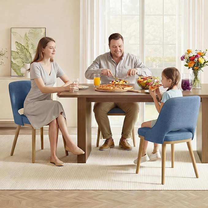 Modern Upholstered Dining Chairs Set of 4, Open Back with Solid Wood Legs, Ergonomic Curved Back Fabric Kitchen Chairs for Dining Room & Kitchen, Living Room Side Chairs, Farmhouse, Blue
