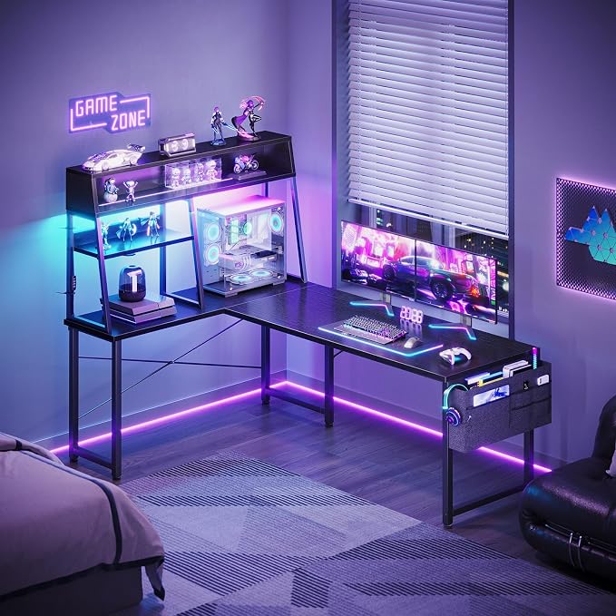 AODK L Shaped Gaming Desk with Led Lights, 59 Inch Reversible Gaming Computer Desk with Display Shelves, PC Gamer Desk Gamer Table with Storage Bag, L Desk for Game, Black