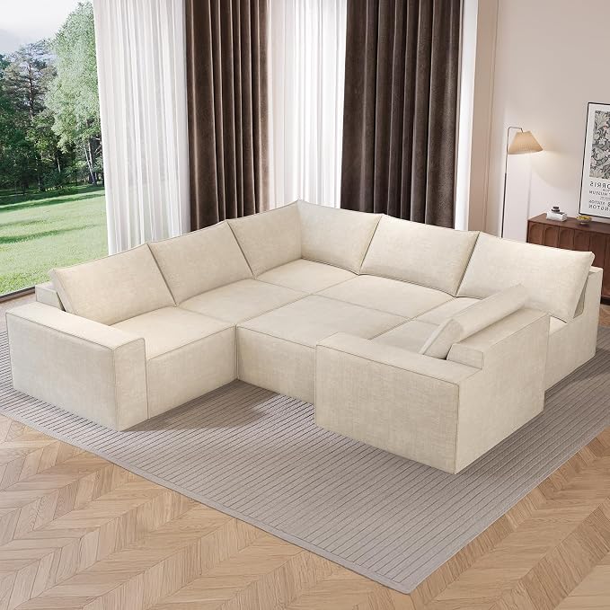 Vesgantti 143.7" Boneless Couch for Living Room, 6 Seater Modular Sectional Sofa with Ottoman & Deep Seat, Convertible Chenille Oversized Cloud Couches, No Assembly Required, Beige