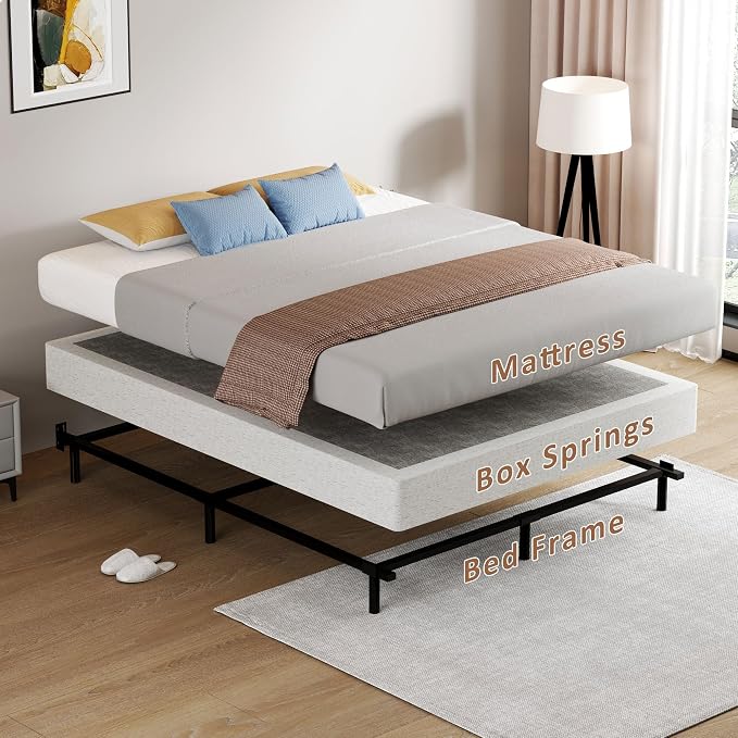 SHOANED Cal King Metal Box Springs - 7 Inch Low Profile Heavy Duty Black Basics Bed Base Non Slip Box Spring Mattress Foundation, Easy Assembly, No Noise