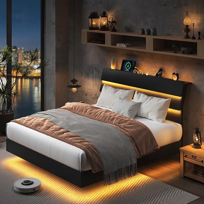 Feonase Floating Bed Frame Queen Size with Led Lights and Charging Station, Wood Queen Bed Frame with Storage Headboard, Heavy Duty Metal Slats, No Box Spring Needed, Easy Assembly, Black