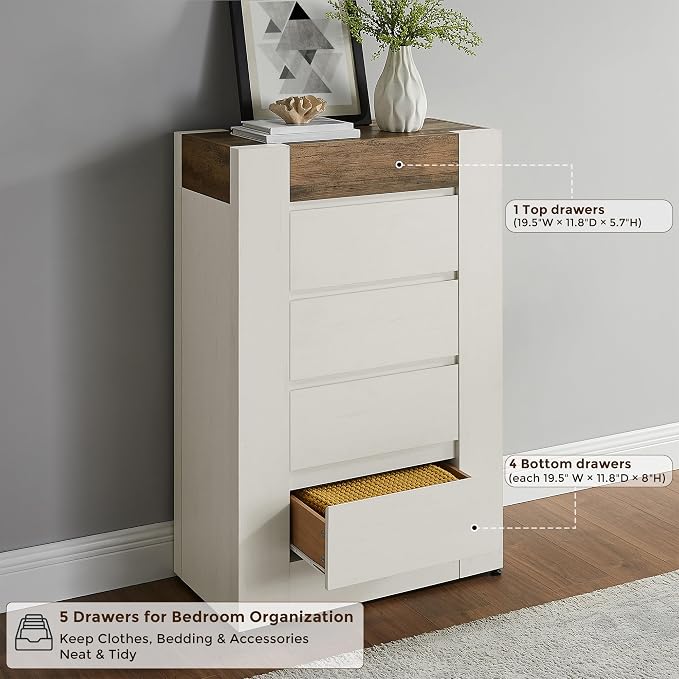 OKD 5 Drawer Dresser for Bedroom, 48" Tall Dresser Chest of Drawers with Thick Wood Design, Handleless, Modern Bedroom Dresser, Storage Organizer for Living Room/Entryway, Antique White