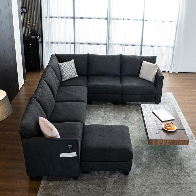 122.8" Large Sectional Couches for Living Room, 6 Seater L Shaped Modular Sectional Sofa with Storage Ottoman & USB, Oversized Corner Couch for Living Room(Black)
