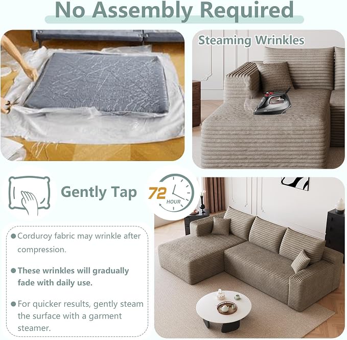 95" Modular Sectional Sofa, Modern Corduroy Cloud Couch with Side Pockets, Boneless Couch Upholstered 3-Seater L-Shaped Sofa for Living Room, No Assembly Required (Camel,Left-Facing Chaise)