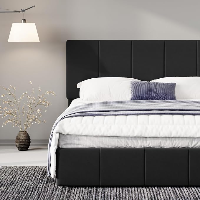 Allewie Queen Size Dutch Velvet Upholstered Platform Bed Frame/Vertical Channel Tufted Adjustable Headboard/Low Profile Bed Frame/No Box Spring Needed/Easy Assembly/Black