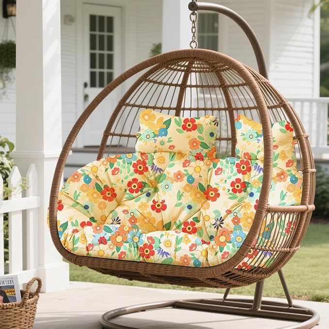 Double Egg Chair Cushion Replacement Waterproof for Outdoor Patio Hanging Basket Egg Chairs, 59x43-Inch Thickened 100% Cotton Large Double Eggs Swing Chair Cushions, Daisy 2#