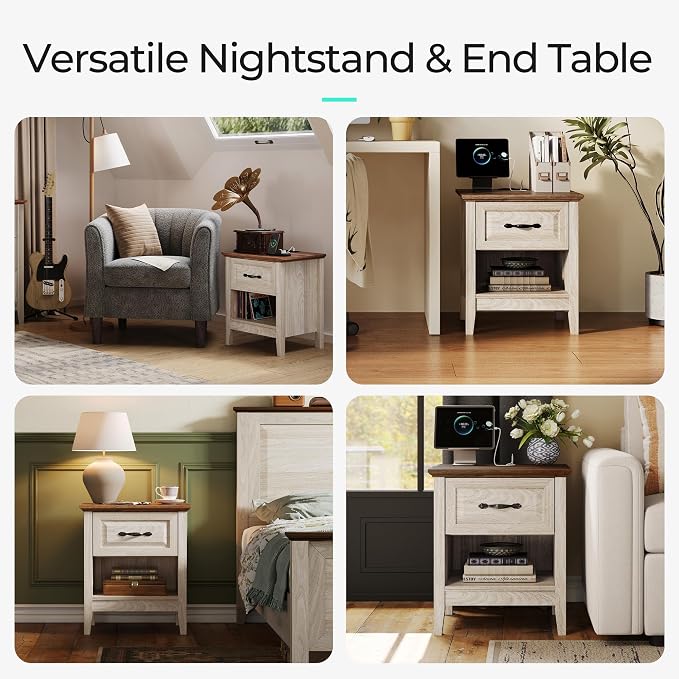 LINSY Night Stand Set of 2, 18.9" Farmhouse Wood NightStand with Type-C Charger &Open Storage Shelf Nightstands with Drawer, Side Table End Table for Bedroom Living Room Sofa Couch Office Beige