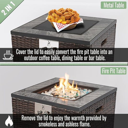 24" Square Propane Gas Fire Pit Table, 50,000 BTU Outdoor Patio Heater with Tile Top, Wicker Base, Blue Glass Beads & Wind-Resistant Glass Guard, Espresso
