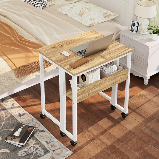 GreenForest Folding Desk with Wheels, 31.5 Inch Compact Rolling Computer Table with Storage Shelf, Portable Mobile Workstation for Small Spaces, Easy Assembly, Oak