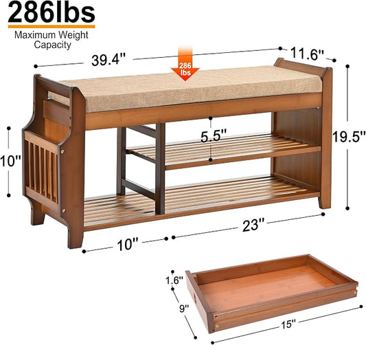 PETKABOO Shoe Bench with Hidden Drawer and Side Holder, 2 Tier Entryway Bench with Storage 39.4 in, Bamboo Shoe Rack with Cushion for Entryway Hallway Living Room Bedroom