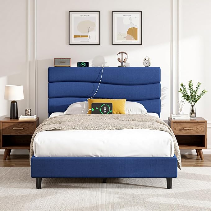 EnHomee Twin Size Bed Frame with Upholstered Headboard,Adjustable Height Platform Bed,Charging Station,No Box Spring Needed,Easy Assembly,Noise-Free,Navy Blue