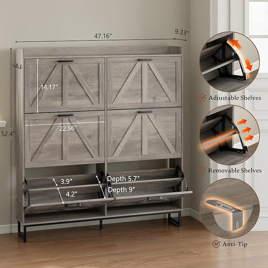 BORNOON Shoe Cabinet with 6 Flip Drawers Narrow Shoe Storage Cabinet Organizer Wooden Freestanding Shoe Rack Hidden Slim Shoes Storage Cabinet for Entryway, Hallway, Living Room, Bedroom