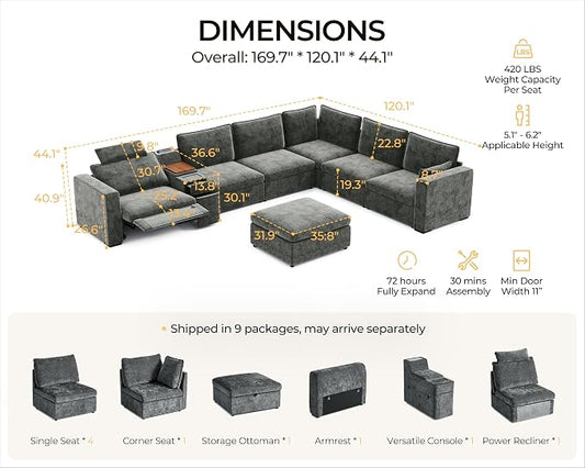 169.7" Oversized Modular Power Recliner Sofa with Headrest, Wall Hugger Cloud Reclining Couch, Drawer Charging Cup Holders, Deep 7-Seater Sectional with Corner and Storage Ottoman, Chenille, Grey