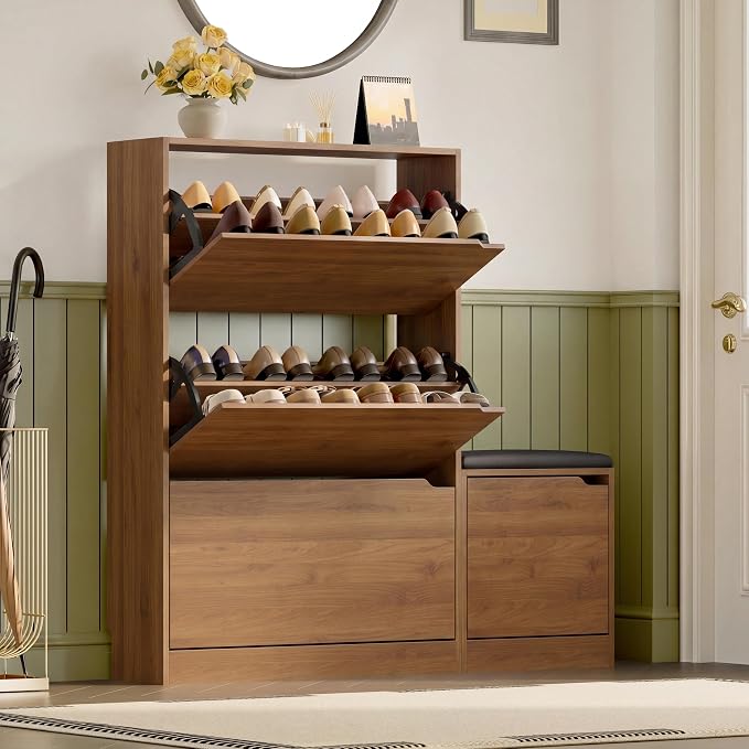 BORNOON Shoe Cabinet with Bench and 3 Flip Drawers, Slim Narrow Shoe Storage Cabinet, Freestanding Shoe Rack Organizer with Adjustable & Removable Shelves, Anti-Tip for Entryway, Hallway, Foyer
