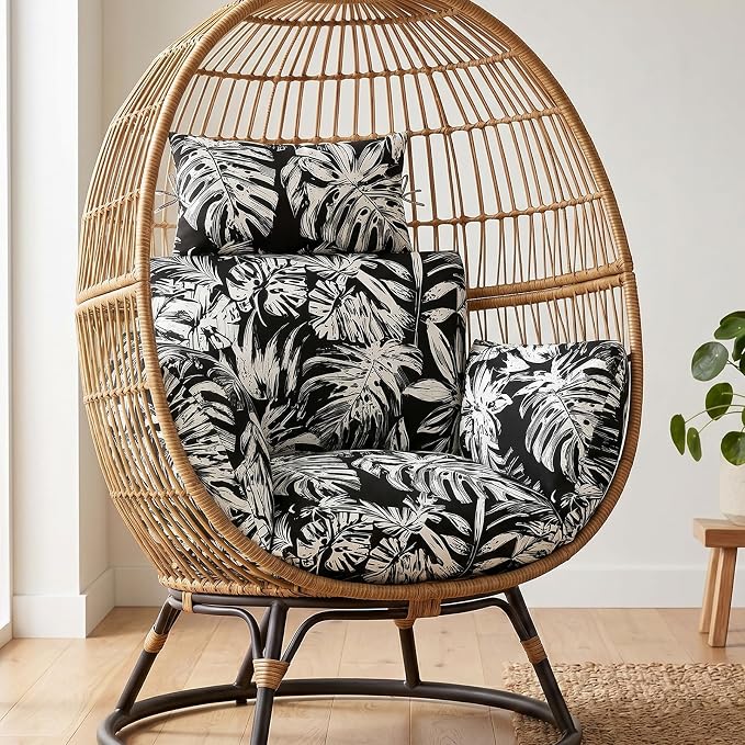 MAGIC ELEPHANT Egg Chair Cushion, Memory Foam Indoor Outdoor Hanging Egg Chair Cushion Replacement, Patio Basket Swing Cushion with Headrest (Black Monstera)