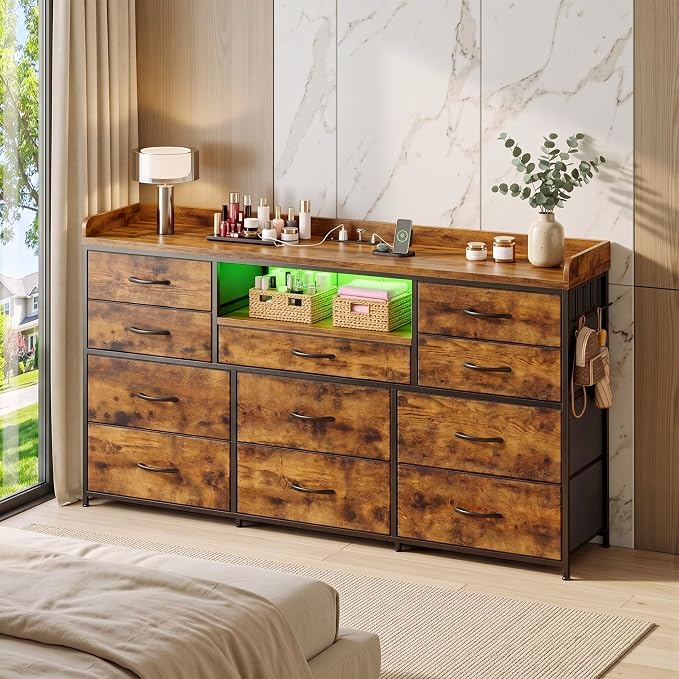 Bepatio LED Dresser for Bedroom with 11 Drawers,Power Strip,4 Hooks,Brown | Stylish Dressers & Chests of Drawers with 2 Wood Storage Shelves, TV Stand for 50/55/60 Inch TVs, Sturdy Metal Frame