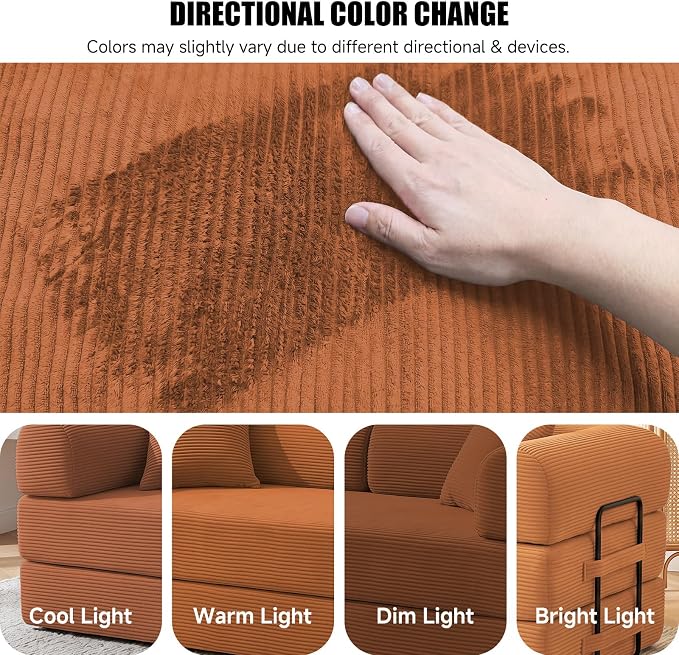 79" Convertible Sleeper Sofa Bed, Corduroy Boneless Fold-Out Couch in a Box, 4-in-1 Loveseat/Futon Couch, High-Density Foam, No Assembly, Side Pockets, 2 Pillows for Small Spaces, Orange
