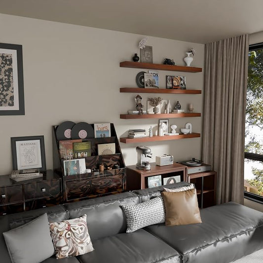 Floating Shelves for Wall, 48 Inch Extra Long Brown Wall Shelves, Set of 4, Hanging Invisible Brackets Floating Shelves for Living Room,Bedroom,and Kitchen