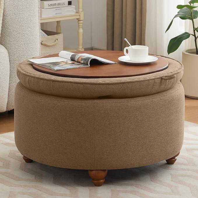 WUTUTUEE 30Inch Round Storage Ottoman with Tray, Modern Tufted Fabric Circle Coffee Table with Storage, Upholstered Ottoman with Removable Top for Living Room, Bedroom, Brown